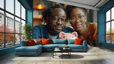 Couple saving money together at home with a piggy bank on a cozy sofa in the afternoon sun Wall mural