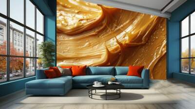 Creamy peanut butter spread on a wooden board highlighting the rich texture and smooth consistency close-up in natural light Wall mural