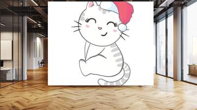 Cute kitten in a santa hat. Christmas illustration can be used for greeting cards, coloring books and stationery. Wall mural