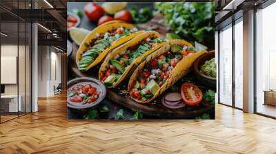 Delicious homemade tacos filled with fresh ingredients served on a rustic wooden platter for a vibrant dining experience Wall mural