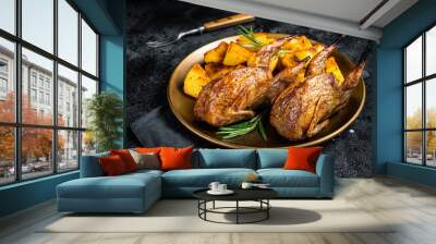 Delicious roasted quails with herbs in a plate with fried potato. Black background. Top view Wall mural