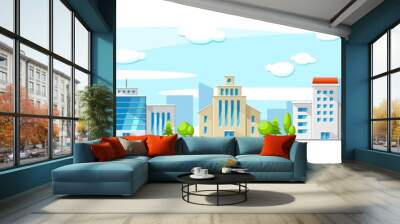 Cityscape with old and modern buildings. Vector flat town illustration Wall mural