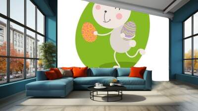 Cute little smiling cartoon bunny with two easter eggs. Flat vector illustration for greeting cards Wall mural