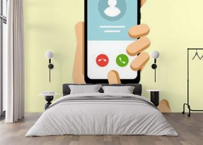 Hand holds the smartphone and calles to contact. Flat vector modern phone mock-up illustration Wall mural