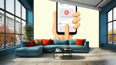 Hand holds the smartphone with social network application on the screen. Flat vector modern phone mock-up illustration Wall mural