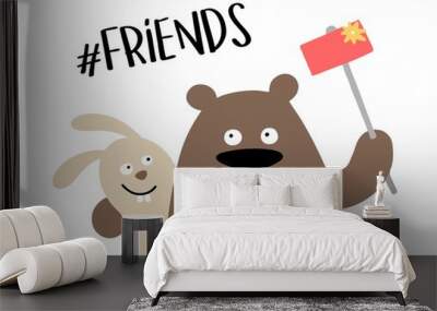 three happy animal friends makes the selfie with smartphone. friends forever illustration cartoon ve Wall mural