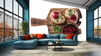 Duck rillettes pate toasts with sprouts on a wooden board.  Transparent background. Isolated. Wall mural