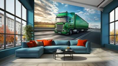 Dynamic Shot of Green Truck on Highway. A green truck driving on a highway under a blue sky. Suitable for logistics, transportation, or delivery themes. Wall mural