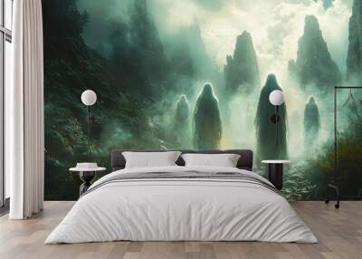 Ethereal figures traveling through a mystical landscape Wall mural