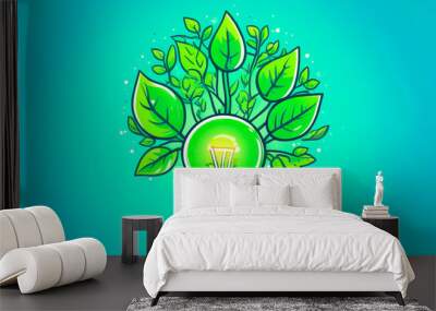 Foliage in a light bulb. Consecration of environmentally friendly technologies and innovations. Growth, ideas, light. Wall mural