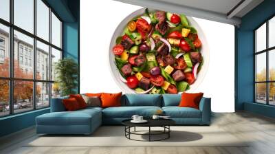 Fresh green vegetable salad with lettuce, tomatoes, cucumber, avocado, meat in a plate isolated on transparent background, top view.  Healthy diet food. Wall mural