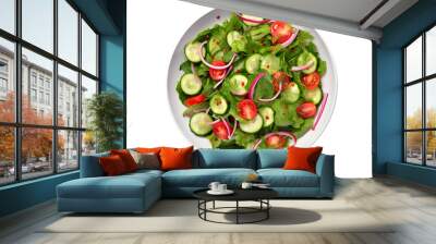 Fresh green vegetable salad with lettuce, tomatoes, cucumber  in a plate isolated on transparent background, top view.  Healthy diet food. Wall mural