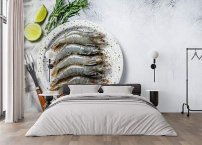 Fresh raw giant langoustine shrimp on a white plate. Gray background. Top view. Copy space Wall mural