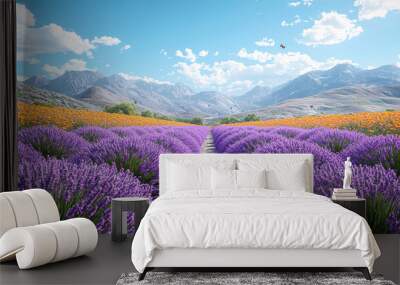 Garden filled with rows of blooming lavender, creating a sea of ​​purple with fluttering butterflies Wall mural