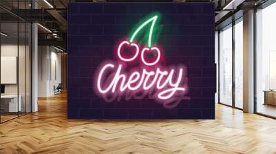 Neon cherry icon. Vector isolated neon illustration for any dark background. Fluorescent line art icon for menu, logo, poster, social network post. Wall mural