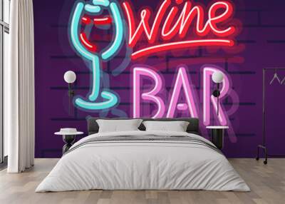 Neon wine bar lettering for logo or poster. Night illuminated wall street sign. Square illustration on brick wall background. Wall mural