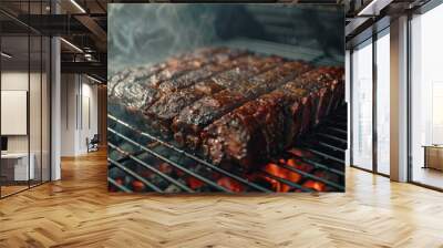 Grilled beef ribs sizzling on a barbecue rack during a summer cookout at a backyard gathering in the evening light Wall mural