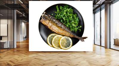 Grilled Mackerel Scomber fish on a plate with greens and lemon.  Isolated, transparent background. Wall mural