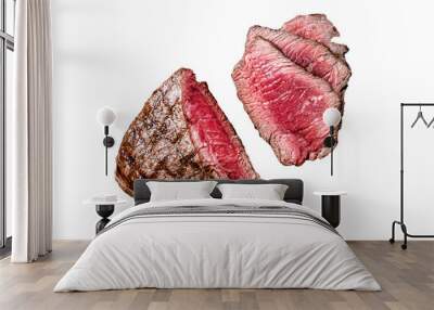 Grilled Rump sirloin steak sliced on a tray with herbs.  Transparent background. Isolated Wall mural