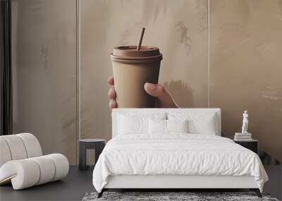 Hand holding a disposable coffee cup with a straw on an artistic beige background Wall mural