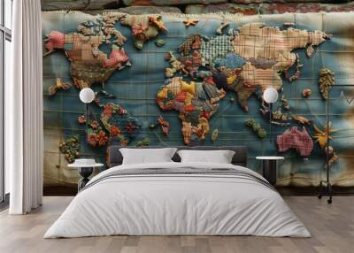 Handmade world map crafted from various fabric patches, depicting continents in a colorful and artistic patchwork style. Wall mural