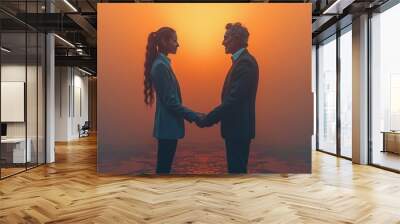 Happy couple sharing a romantic gesture at sunset by the waters edge Wall mural