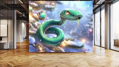 Illustration for a greeting or postcard for the new year 2025 of the female green wood snake Wall mural