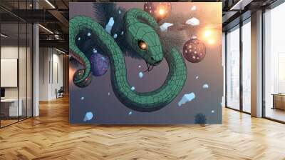 Illustration for a greeting or postcard for the new year 2025 of the female green wood snake Wall mural