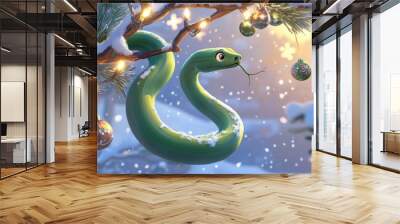 Illustration for a greeting or postcard for the new year 2025 of the female green wood snake Wall mural