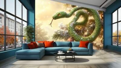 Illustration for a greeting or postcard for the new year 2025 of the female green wood snake Wall mural