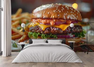 Juicy cheeseburger with fresh toppings and crispy fries served at a casual dining restaurant during lunchtime Wall mural