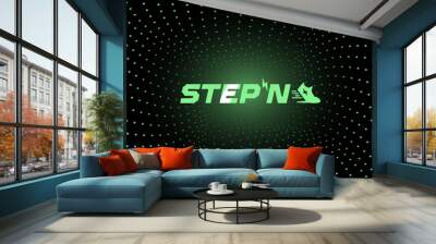 STEPN company logo icon in the center of spiral of glowing green dots on dark background. Web3 running app with fun game and social elements with Move to Earn concept. Wall mural