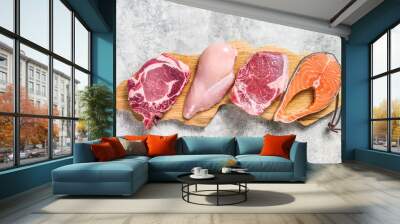 Mix of meat raw steaks salmon, beef, pork and chicken. Gray background. Top view Wall mural