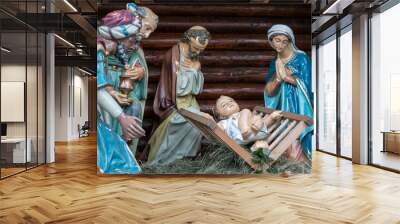 Nativity of Christ. Christmas Nativity scene with The Holy Child, The Blessed Virgin Mary, Saint Joseph, the Magi, and sheep. Wall mural