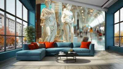 Old statues from ancient Greece and Rome are shown as if they're carrying luggage, like they're travelers at the airport Wall mural