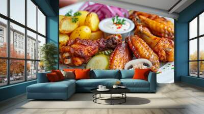 On a plate on the table are delicious fried chicken wings with vegetables and mushrooms. Wall mural