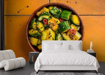 Pai huang gua Chinese Smashed Cucumber salad. Orange background. Top view Wall mural