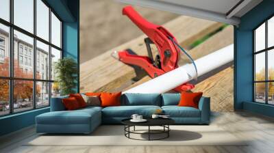 Picture of cutting plastic pipe by special red scissors Wall mural