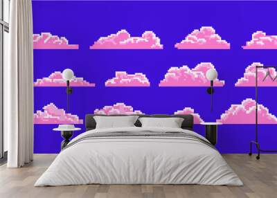 pink cloud pixel. Pixel cloud landscape, cloudy pink masses on a blue sky. Pixelated icons to customize the game and scenery. 8-bit game background or old-school retro arcade style. Wall mural