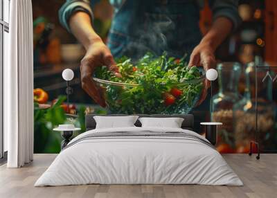 Preparing a fresh and healthy salad in a cozy kitchen with vibrant greens and steaming herbs during evening cooking Wall mural