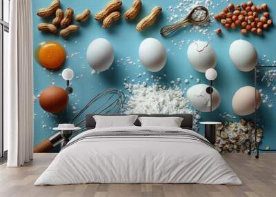 Preparing a variety of ingredients for baking with eggs, flour, nuts, and a whisk on a blue countertop in a well-lit kitchen Wall mural