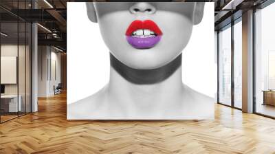 Purpe and red lips on black and white photo Wall mural