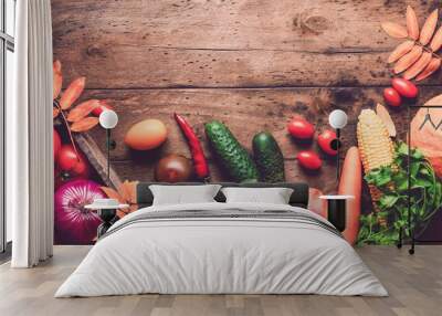 seasonal fruits and vegetables concept layout with copyspace. autumn harvest on a rustic wooden background framed panorama photography Wall mural