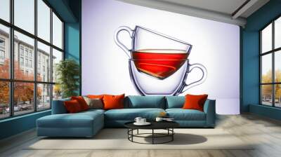 Two transparent mugs of tea. Central location, close-up. Wall mural