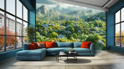 Renewable energy landscape with wind turbines and solar panels amidst vibrant greenery and flowers in a serene mountain setting Wall mural