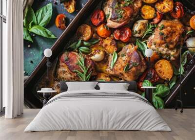 Roasted meat and vegetables cut varied in baking tray with basil and rosemary, top view, flat lay. Delicious home cooking. Wall mural