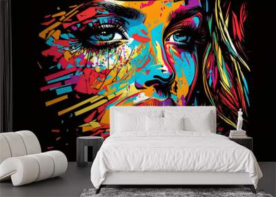 Abstract colourful portrait of beautiful young woman face, artistic modern street art, T-shirt design with the face of beautiful young woman, artistic modern stylish print, strokes and splashes of pai Wall mural