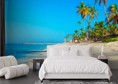 Beautiful beach with palm trees. Tropical paradise beach with white sand. Summer tropical landscape, panoramic view. Summer vacation travel holiday background concept. Caribbean beach. Palm beach Wall mural