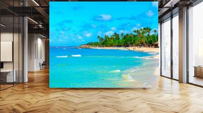 Beautiful beach with palm trees. Tropical paradise beach with white sand. Summer tropical landscape, panoramic view. Summer vacation travel holiday background concept. Caribbean beach. Palm beach Wall mural