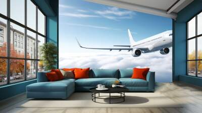 Passenger airplane  in the sky above the clouds, passenger airplane gear released takes off in sky, beautiful panoramic background with flying plane in blue sky. Wall mural